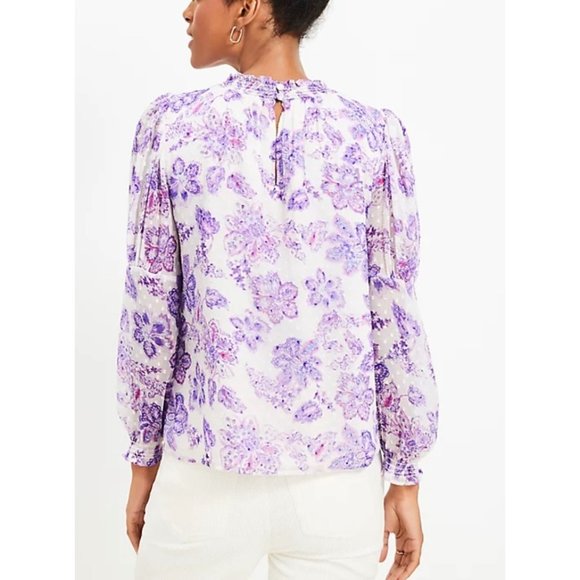 LOFT Women Petite Floral Clip Smocked Puff Sleeve Blouse Large - Picture 15 of 16